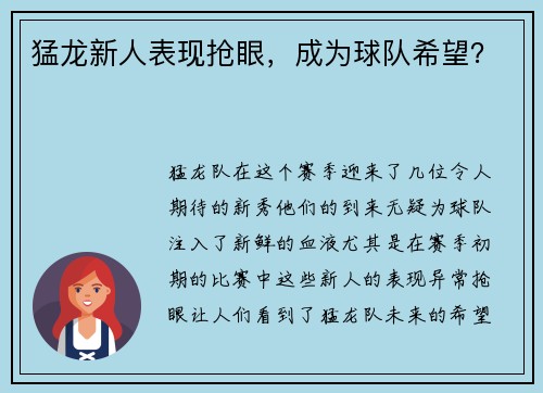 猛龙新人表现抢眼，成为球队希望？